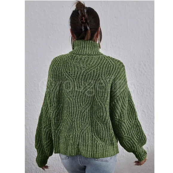 Cable Knit Turtleneck Pullover Sweater Forrest Green - Picture 5 of 10